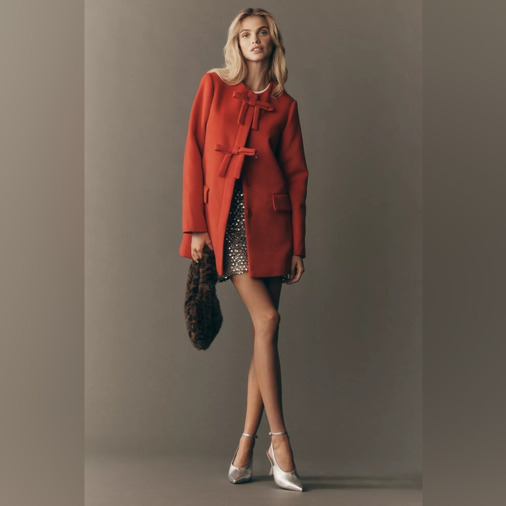 NWT Anthropologie Hutch Red Bow front coat Women's Pea Coat S - Picture 2 of 4